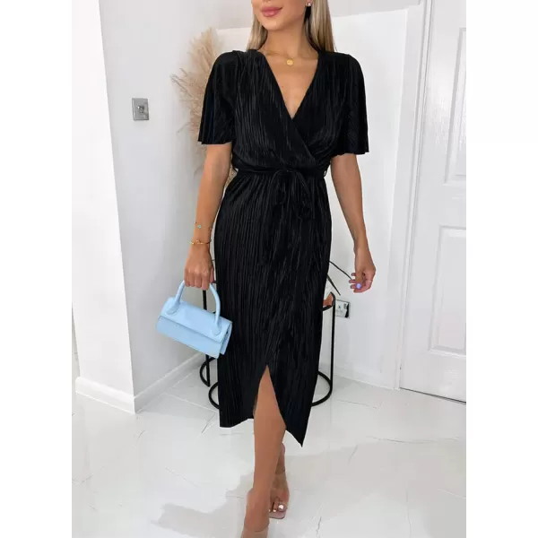 Happy Sailed Women's Wrap V Neck Midi Dress Formal Short Sleeve Pleated Cocktail Party Dresses with Belt