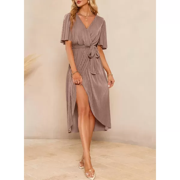 Happy Sailed Women's Wrap V Neck Midi Dress Formal Short Sleeve Pleated Cocktail Party Dresses with Belt