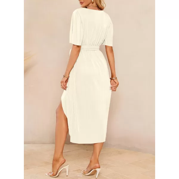 Happy Sailed Women's Wrap V Neck Midi Dress Formal Short Sleeve Pleated Cocktail Party Dresses with Belt