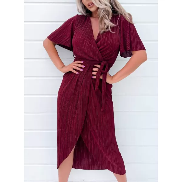 Happy Sailed Women's Wrap V Neck Midi Dress Formal Short Sleeve Pleated Cocktail Party Dresses with Belt