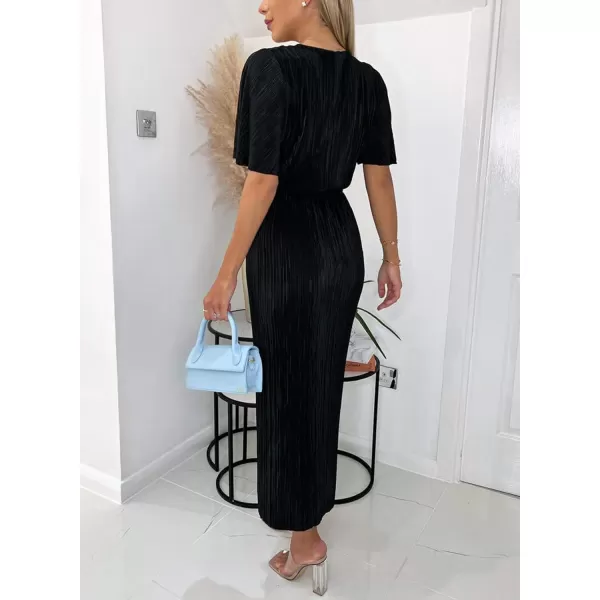 Happy Sailed Women's Wrap V Neck Midi Dress Formal Short Sleeve Pleated Cocktail Party Dresses with Belt