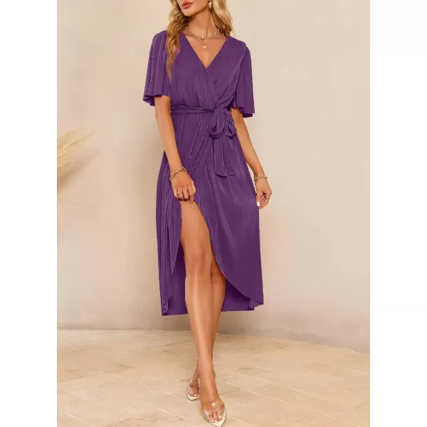 Happy Sailed Women's Wrap V Neck Midi Dress Formal Short Sleeve Pleated Cocktail Party Dresses with Belt