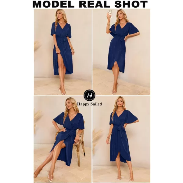 Happy Sailed Women's Wrap V Neck Midi Dress Formal Short Sleeve Pleated Cocktail Party Dresses with Belt