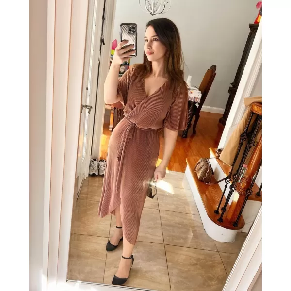 Happy Sailed Women's Wrap V Neck Midi Dress Formal Short Sleeve Pleated Cocktail Party Dresses with Belt