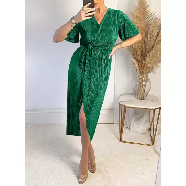 Happy Sailed Women's Wrap V Neck Midi Dress Formal Short Sleeve Pleated Cocktail Party Dresses with Belt