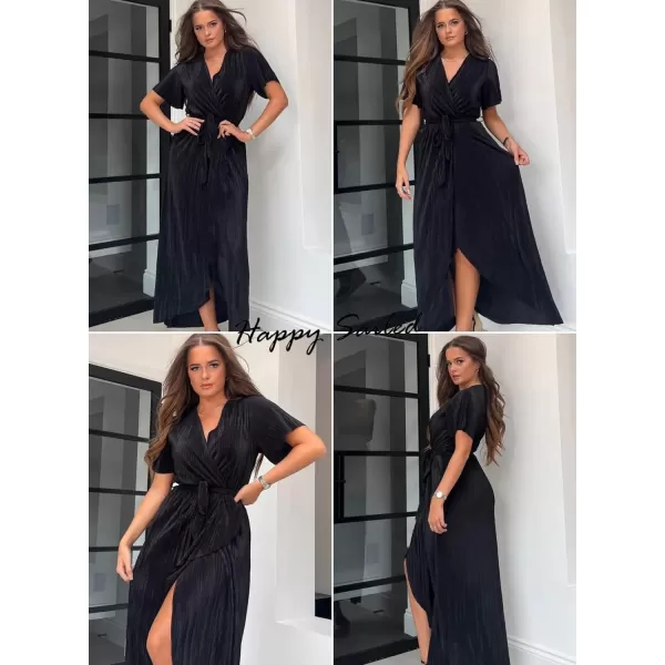 Happy Sailed Women's Wrap V Neck Midi Dress Formal Short Sleeve Pleated Cocktail Party Dresses with Belt