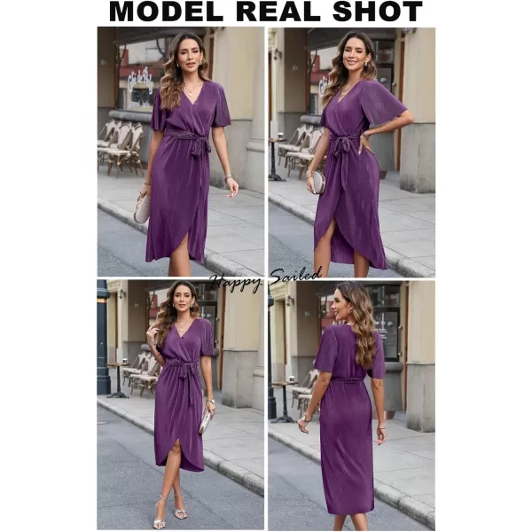 Happy Sailed Women's Wrap V Neck Midi Dress Formal Short Sleeve Pleated Cocktail Party Dresses with Belt