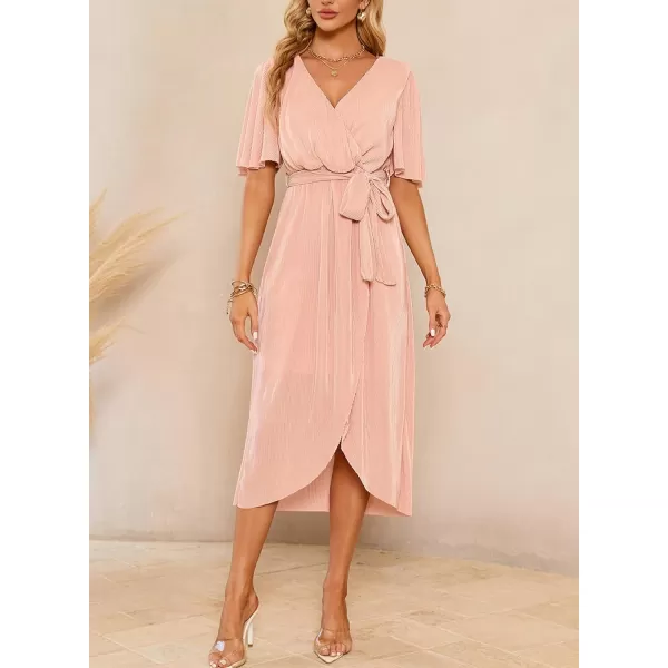 Happy Sailed Women's Wrap V Neck Midi Dress Formal Short Sleeve Pleated Cocktail Party Dresses with Belt