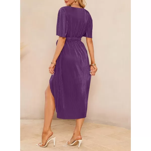 Happy Sailed Women's Wrap V Neck Midi Dress Formal Short Sleeve Pleated Cocktail Party Dresses with Belt
