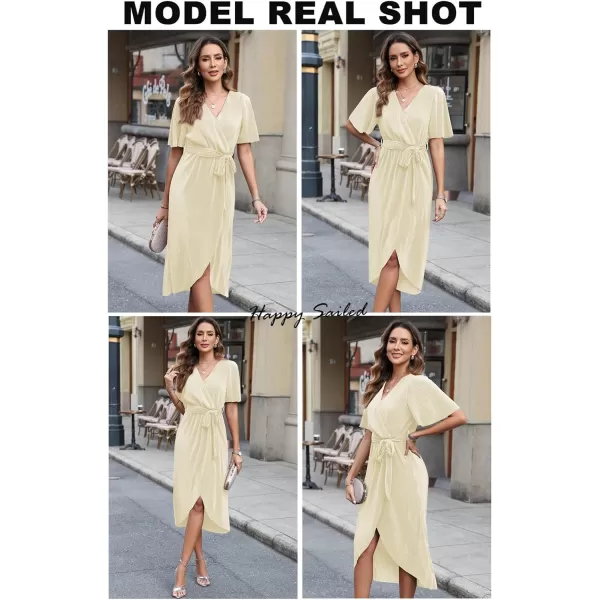 Happy Sailed Women's Wrap V Neck Midi Dress Formal Short Sleeve Pleated Cocktail Party Dresses with Belt