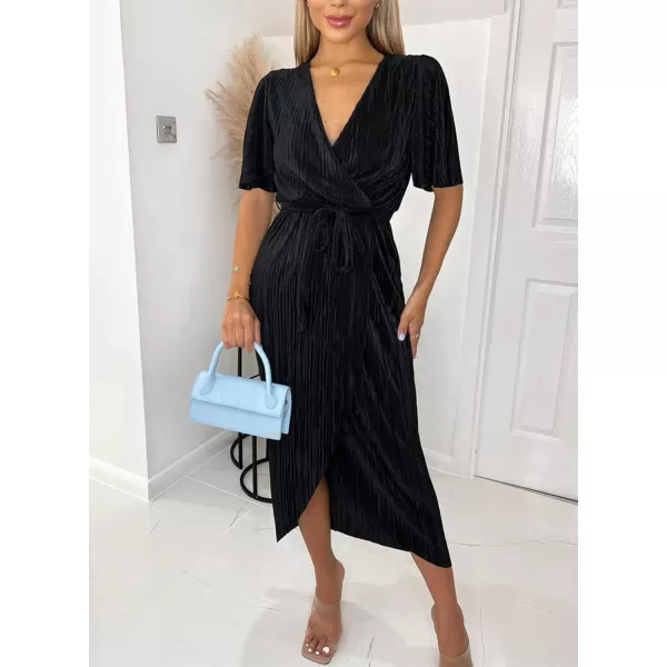 Happy Sailed Women's Wrap V Neck Midi Dress Formal Short Sleeve Pleated Cocktail Party Dresses with Belt