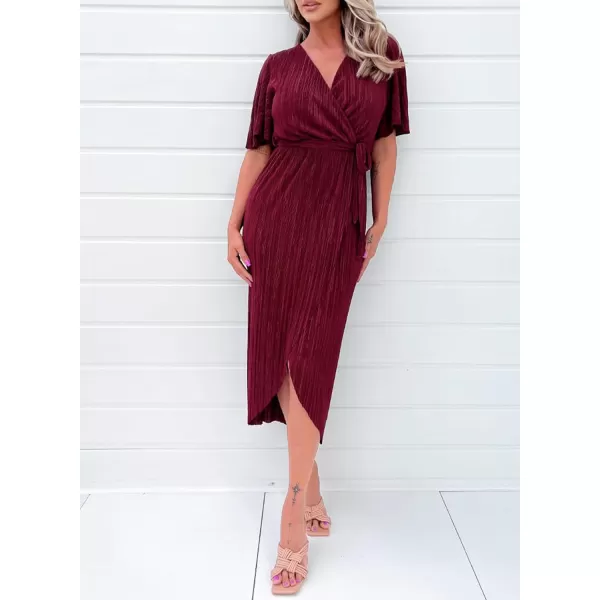 Happy Sailed Women's Wrap V Neck Midi Dress Formal Short Sleeve Pleated Cocktail Party Dresses with Belt