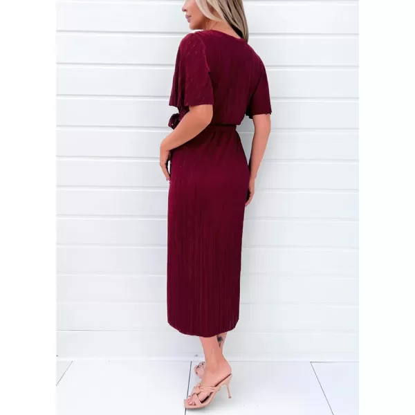 Happy Sailed Women's Wrap V Neck Midi Dress Formal Short Sleeve Pleated Cocktail Party Dresses with Belt