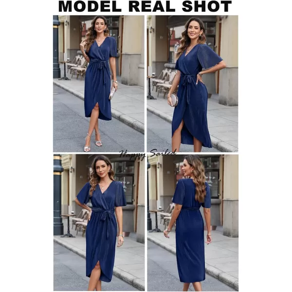 Happy Sailed Women's Wrap V Neck Midi Dress Formal Short Sleeve Pleated Cocktail Party Dresses with Belt