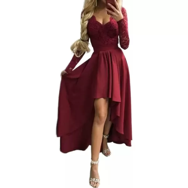 Happy Sailed Womens Floral Lace Long Sleeve V Neck Hi Low A-Line Cocktail Party Dress