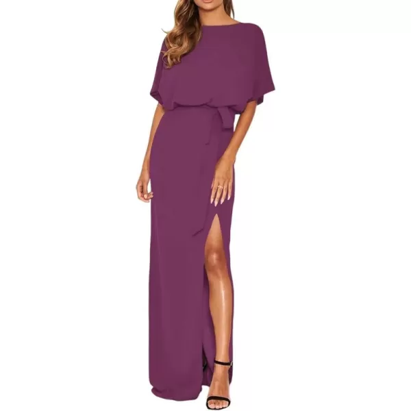 Happy Sailed Womens Formal Dress Batwing Sleeve Waist Belted High Slit Long Maxi Cocktail Party Dresses Evening Gown