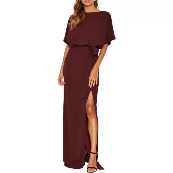 Happy Sailed Womens Formal Dress Batwing Sleeve Waist Belted High Slit Long Maxi Cocktail Party Dresses Evening Gown