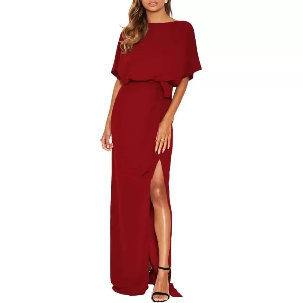 Happy Sailed Womens Formal Dress Batwing Sleeve Waist Belted High Slit Long Maxi Cocktail Party Dresses Evening Gown