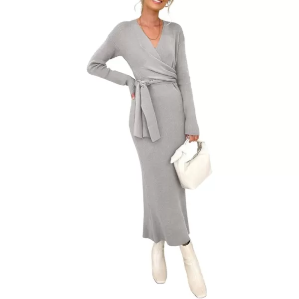 Happy Sailed Womens Knit Dress Fall Long Sleeve Wrap V Neck Tie Waist Ribbed Sweater Dresses