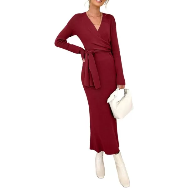 Happy Sailed Womens Knit Dress Fall Long Sleeve Wrap V Neck Tie Waist Ribbed Sweater Dresses
