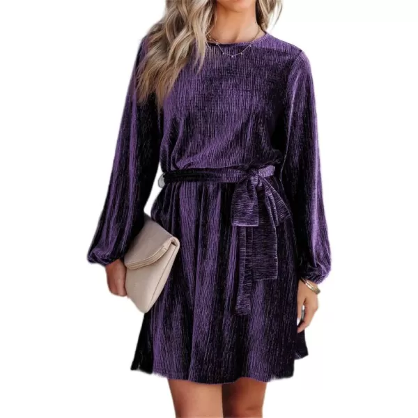 Happy Sailed Women's Velvet Cocktail Dress Fall Fashion Lantern Sleeve High Waist A-Line Skater Party Dresses with Belt