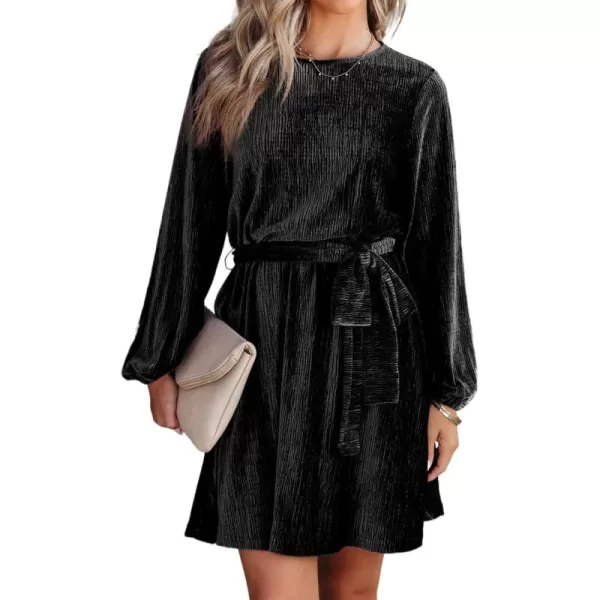 Happy Sailed Women's Velvet Cocktail Dress Fall Fashion Lantern Sleeve High Waist A-Line Skater Party Dresses with Belt