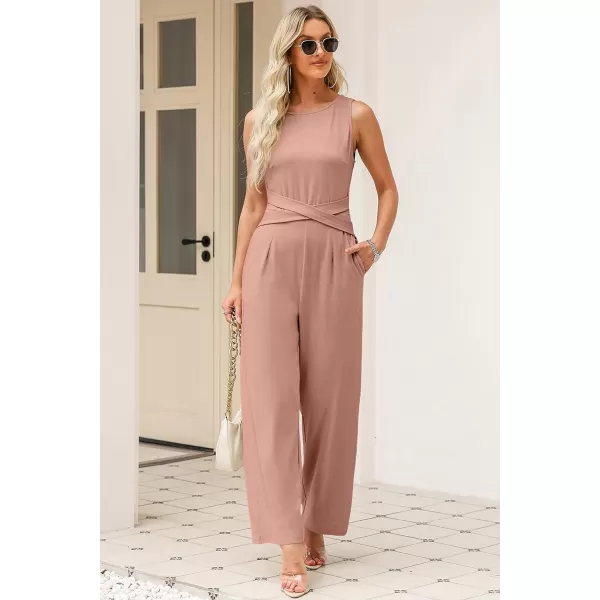 Happy Sailed Jumpsuits for Women Sleeveless Crewneck Cross Waist Wide Leg Long Pants Romper Dressy Business Casual Outfits