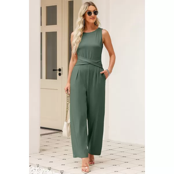 Happy Sailed Jumpsuits for Women Sleeveless Crewneck Cross Waist Wide Leg Long Pants Romper Dressy Business Casual Outfits