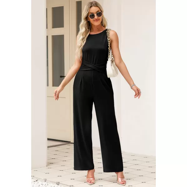 Happy Sailed Jumpsuits for Women Sleeveless Crewneck Cross Waist Wide Leg Long Pants Romper Dressy Business Casual Outfits