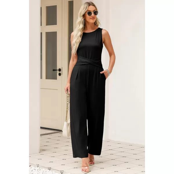 Happy Sailed Jumpsuits for Women Sleeveless Crewneck Cross Waist Wide Leg Long Pants Romper Dressy Business Casual Outfits
