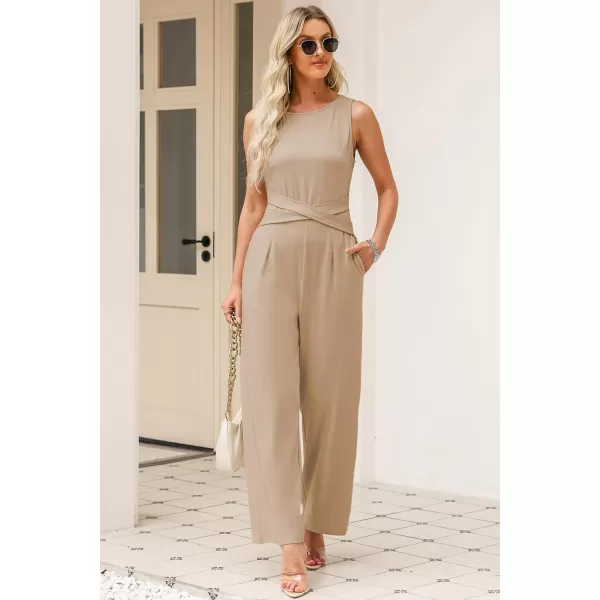 Happy Sailed Jumpsuits for Women Sleeveless Crewneck Cross Waist Wide Leg Long Pants Romper Dressy Business Casual Outfits