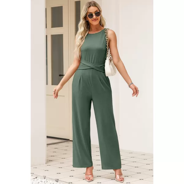 Happy Sailed Jumpsuits for Women Sleeveless Crewneck Cross Waist Wide Leg Long Pants Romper Dressy Business Casual Outfits