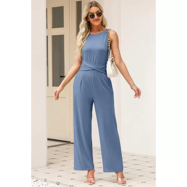 Happy Sailed Jumpsuits for Women Sleeveless Crewneck Cross Waist Wide Leg Long Pants Romper Dressy Business Casual Outfits