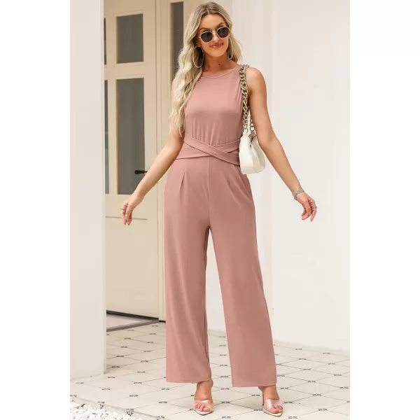 Happy Sailed Jumpsuits for Women Sleeveless Crewneck Cross Waist Wide Leg Long Pants Romper Dressy Business Casual Outfits