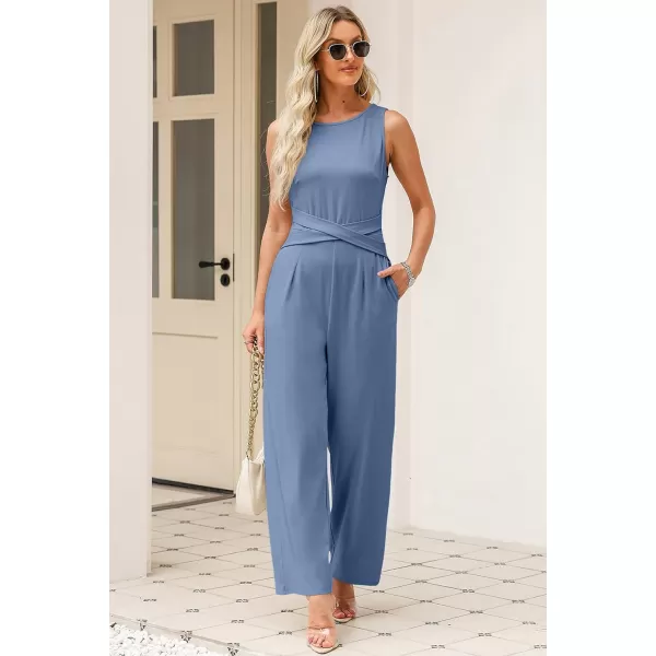 Happy Sailed Jumpsuits for Women Sleeveless Crewneck Cross Waist Wide Leg Long Pants Romper Dressy Business Casual Outfits