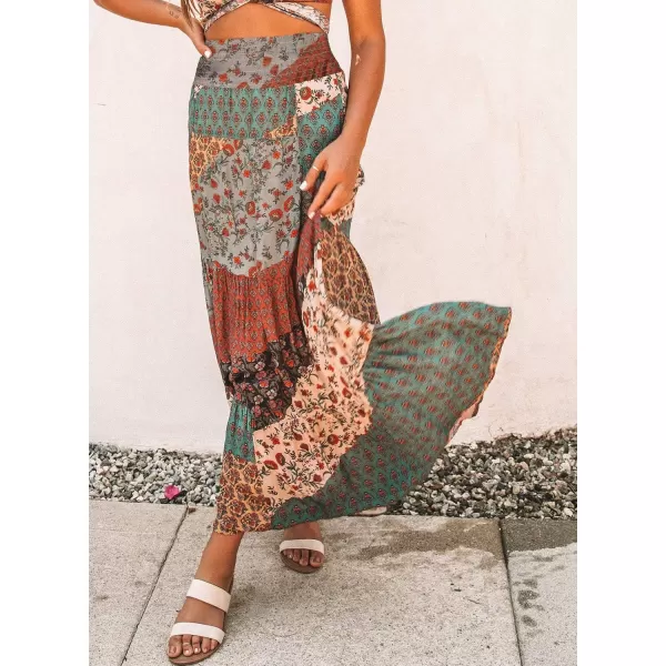 Happy Sailed Womens Floral Print Boho Maxi Skirt Elastic High Waist Pleated Ruffle Flowy Long Skirts S-XL