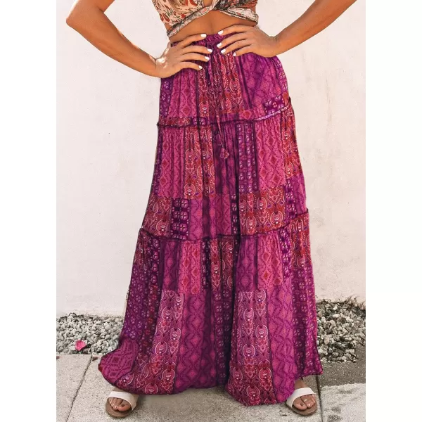 Happy Sailed Womens Floral Print Boho Maxi Skirt Elastic High Waist Pleated Ruffle Flowy Long Skirts S-XL