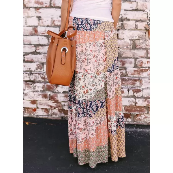 Happy Sailed Womens Floral Print Boho Maxi Skirt Elastic High Waist Pleated Ruffle Flowy Long Skirts S-XL