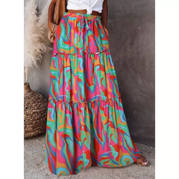 Happy Sailed Womens Floral Print Boho Maxi Skirt Elastic High Waist Pleated Ruffle Flowy Long Skirts S-XL