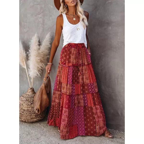 Happy Sailed Womens Floral Print Boho Maxi Skirt Elastic High Waist Pleated Ruffle Flowy Long Skirts S-XL