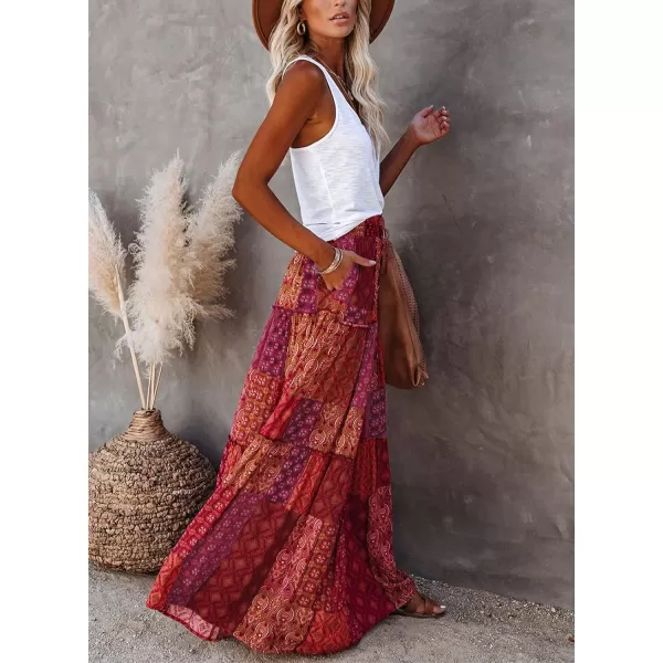 Happy Sailed Womens Floral Print Boho Maxi Skirt Elastic High Waist Pleated Ruffle Flowy Long Skirts S-XL