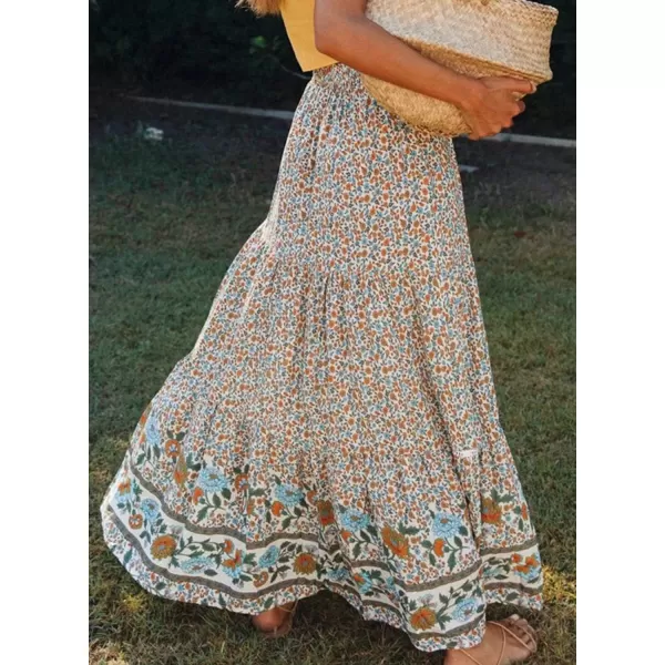 Happy Sailed Womens Floral Print Boho Maxi Skirt Elastic High Waist Pleated Ruffle Flowy Long Skirts S-XL