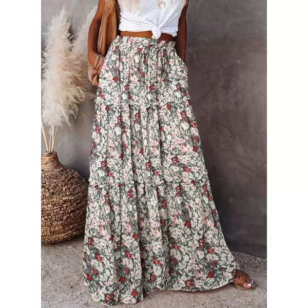 Happy Sailed Womens Floral Print Boho Maxi Skirt Elastic High Waist Pleated Ruffle Flowy Long Skirts S-XL