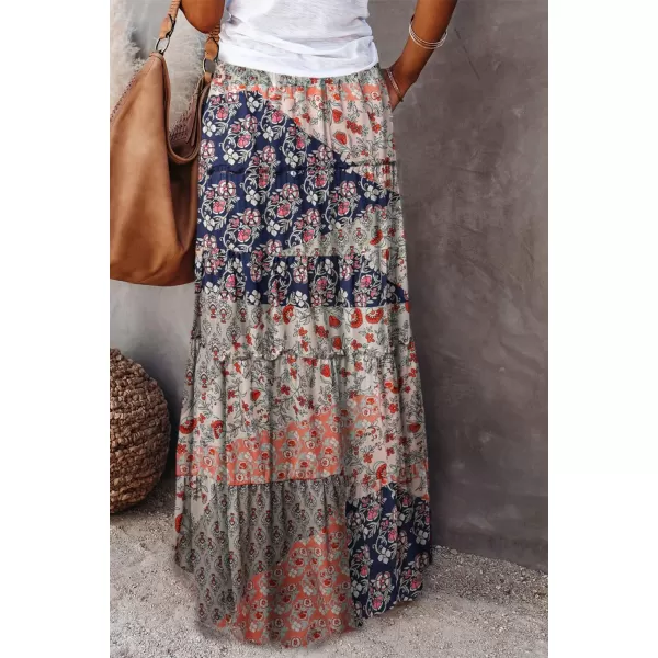 Happy Sailed Womens Floral Print Boho Maxi Skirt Elastic High Waist Pleated Ruffle Flowy Long Skirts S-XL