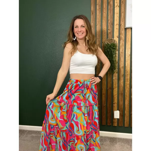 Happy Sailed Womens Floral Print Boho Maxi Skirt Elastic High Waist Pleated Ruffle Flowy Long Skirts S-XL
