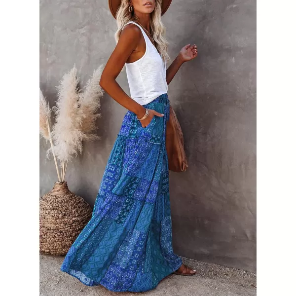 Happy Sailed Womens Floral Print Boho Maxi Skirt Elastic High Waist Pleated Ruffle Flowy Long Skirts S-XL