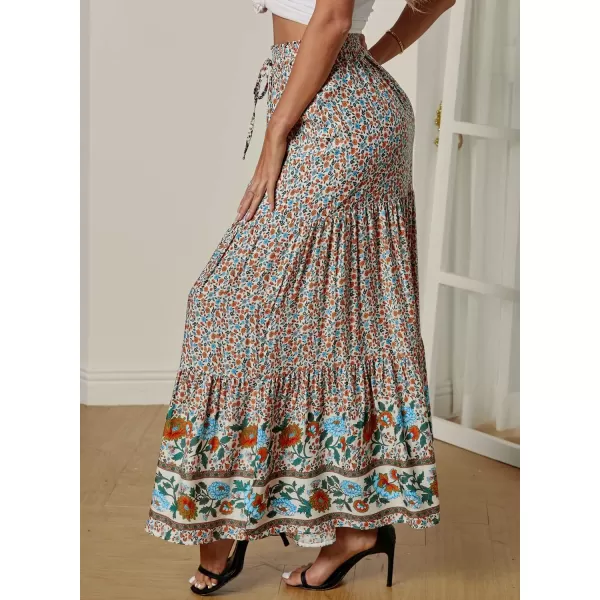Happy Sailed Womens Floral Print Boho Maxi Skirt Elastic High Waist Pleated Ruffle Flowy Long Skirts S-XL