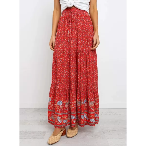 Happy Sailed Womens Floral Print Boho Maxi Skirt Elastic High Waist Pleated Ruffle Flowy Long Skirts S-XL