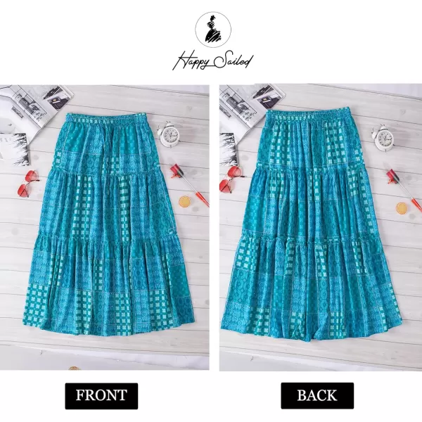 Happy Sailed Womens Floral Print Boho Maxi Skirt Elastic High Waist Pleated Ruffle Flowy Long Skirts S-XL