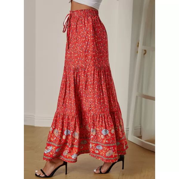 Happy Sailed Womens Floral Print Boho Maxi Skirt Elastic High Waist Pleated Ruffle Flowy Long Skirts S-XL